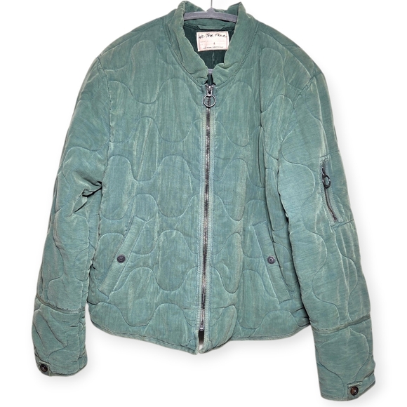 Free People Aura Liner Quilted Bomber Jacket Green Full Zip Front Boxy Large NWT - Picture 16 of 16
